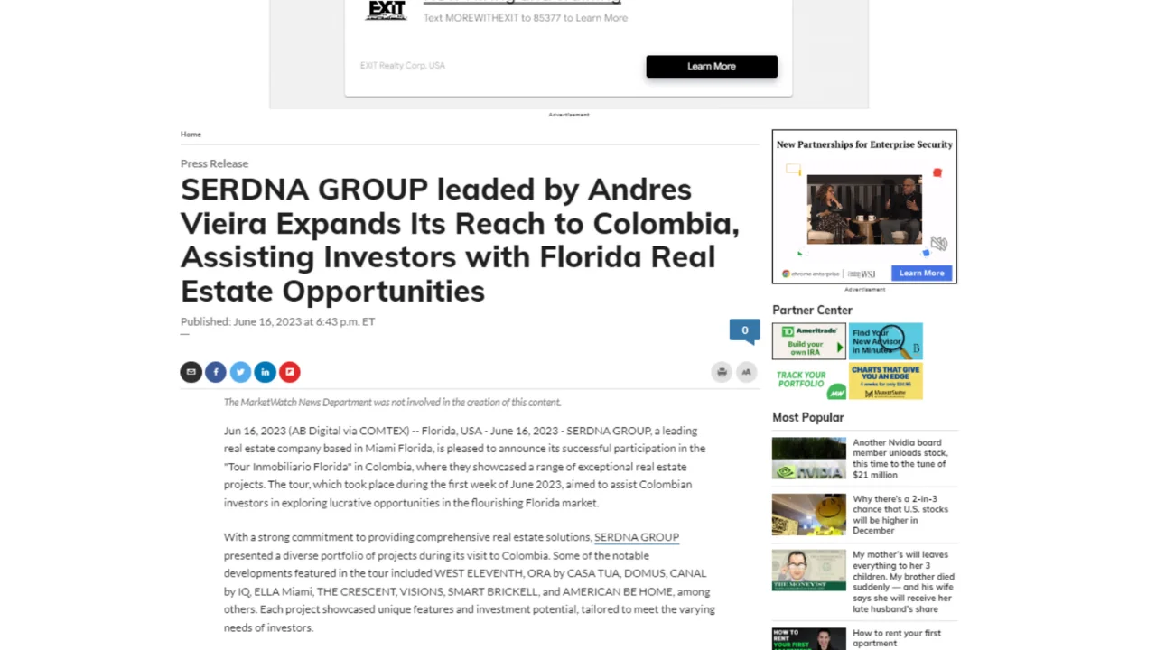 MarketWatch press release on Serdna Group led by Andres Vieira expanding to Colombia for Florida real estate