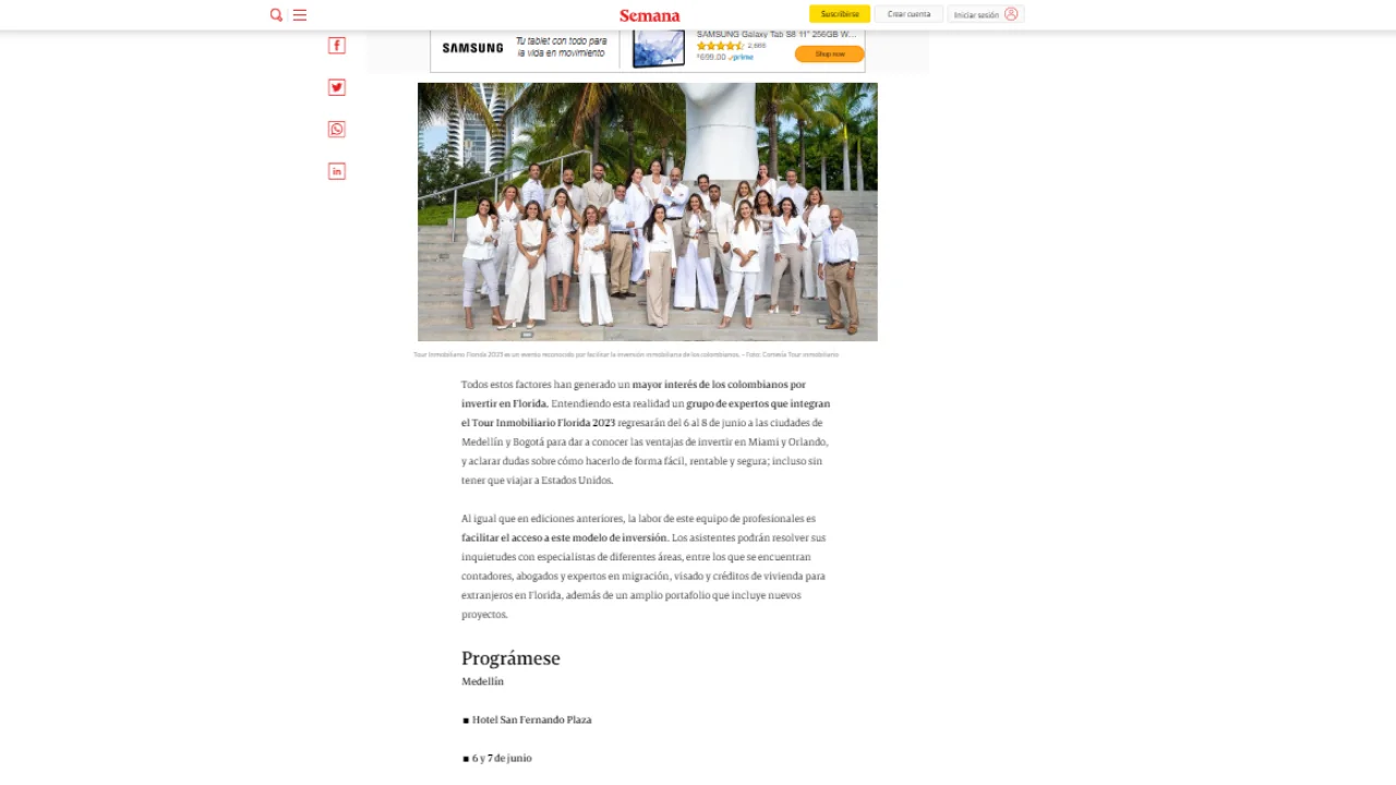 Revista Semana web feature showing the Miami Real Group team during Tour Inmobiliario Florida