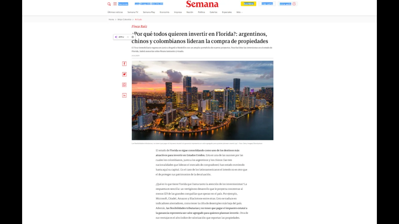 Revista Semana web article on why everyone wants to invest in Florida featuring Miami Real Group